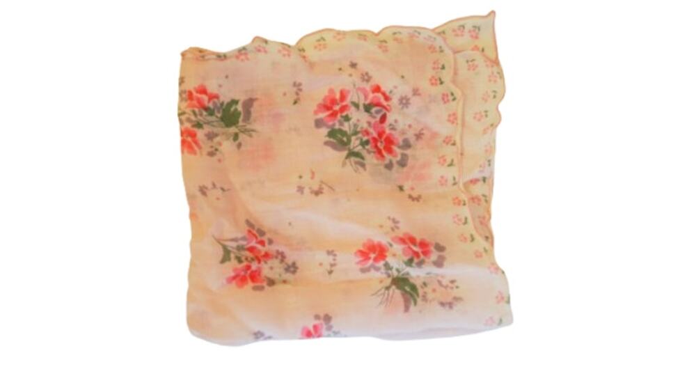 Vintage Pink Floral Handkerchief Scalloped Edge Cottagecore Cotton Scarf Hanky